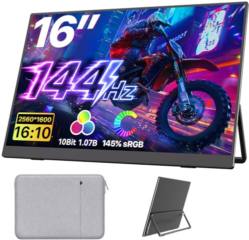 Upperizon Portable Monitor 16 inch 2K QHD 2560X1600 145% sRGB 144 Hz HDR HDMI USB-C Travel Monitor for Laptop MacBook PC Surface PS5 Xbox, External Display with Kickstand & Speakers, VESA Compatible