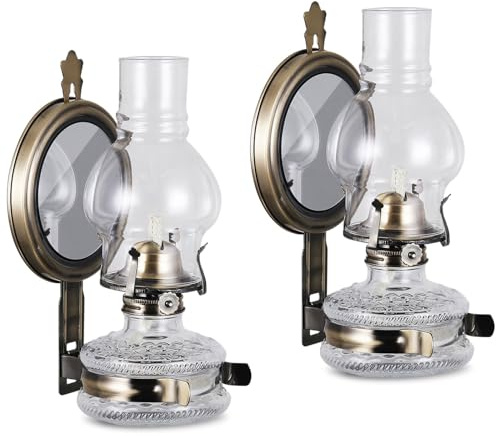 DNRVK 2 Pack Rustic Large Wall Oil Lamp Vintage Glass Kerosene Lamp Antique Wall Mounted Oil Lamps for Indoor Use Emergency Lighting Decor Hurricane Lamp with Mirror Chamber Oil Lantern