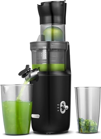 AMZCHEF Licuadora Para Verduras y Frutas Enteras - 200W Extractor De Zumos y Verdura - Licuadora Prensado En Frío Con La Mejora De Barrena, Filtro De Doble Capa, 2 Tazas, Motor Silencioso - Negro
