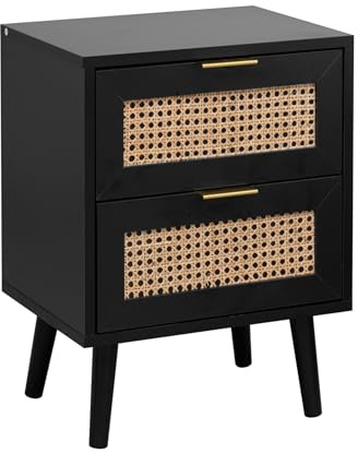 Home Stuff Plus Rattan Bedside Table - Wooden Bedside Cabinet with 2-Drawer for Storage - Modern Rattan Design Black Nightstand for Bedroom, Living Room and Small Spaces - W40 x D30 x H52cm
