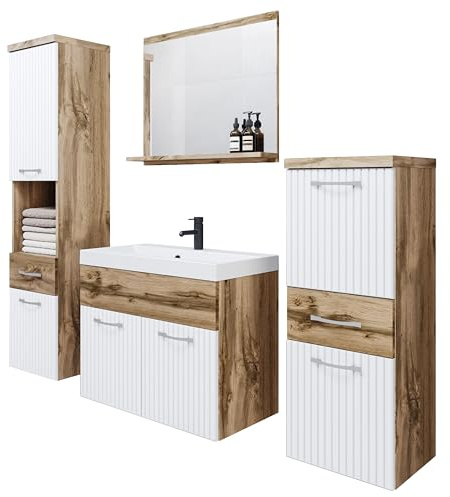 PIASKI Alba Ensemble de meubles de salle de bain avec lavabo, miroir, armoires hautes et moyennes, plateau stratifié MDF, suspensions, Wotan/blanc ondulé, 6 pièces