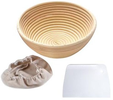 Niaciswe Panier de Fermentation en Rotin Banneton à Pain Bannetons à Pain Corbeille à Pain Panier de Fermentation Ronde pour Faire son Propre Pain avec Insert en Lin Lavable + Racleur de Pâte