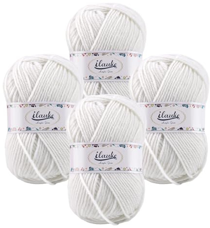 ilauke Häkelgarn 4er* 50g/Ball, Wolle zum Häkeln Super Weiche 100% Acryl Weiß Garn, Häkelwolle für Anfänger und Kinder, Handstrickgarne Babywolle zum Stricken Weich für Häkeln und Kunsthandwerk