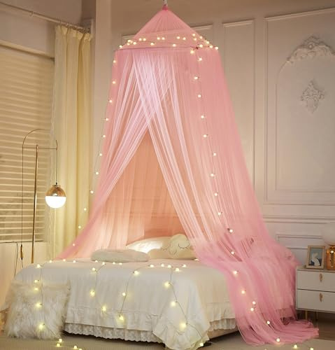 ZIQINPSQ Bed Canopy for Girls, Princess Mosquito Net Play Tent For Kids, Hanging Bed Net Cover For Girls Room Decor (Pink)