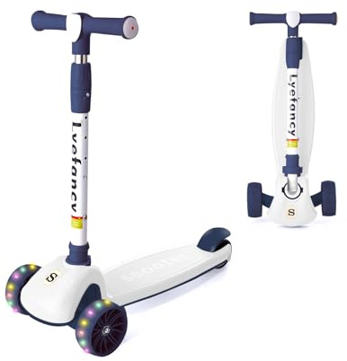 Lyefancy Kids Scooter for 2-10 Years Old Boys Girls, 3 Wheel Toddler Scooter, Childrens Folding Kick Scooter, Light up Wheels, Adjustable Height, Lean to Steer, Extra-Wide Deck(Blue)