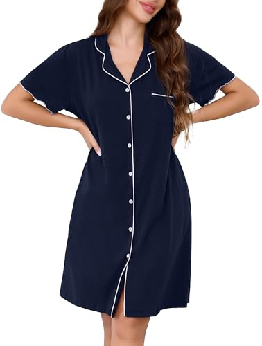 Vlazom Women Nighties Button Down Cotton Nightdress Boyfriend Style Sleepshirt Relaxed Nightshirt Hospital/Maternity/Nursing/Labour Nightgown with Pockets Navy Blue,M