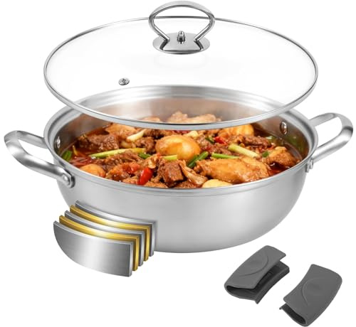 5-Ply Stainless Steel Saute Pan, Stock Pot with Clear Glass Lid, Uncoated Cooking Pot with Scald-Proof Silicone Handle Cover, Deep Frying Pan for Induction, Oven, Gas, Dishwasher Safe