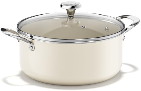 Redchef Stock Pot - 5 Qt Nonstick Ceramic Coated Cooking Pot with Tempered Glass Lid, Ceramic Soup Pot for Stovetop and Oven | Bake, Braise, Roast | PFAS PTFE and PFOA-Free | Toxin-Free (Beige)