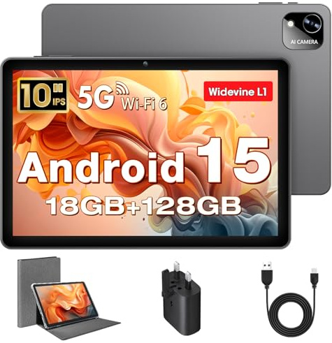 Tablet 10 Pulgadas, Tableta Android 15 con Funda, Unisoc T30 Quad-Core, 18 GB RAM + 128 GB ROM + 1 TB TF, Pantalla HD IPS 1280x800, Cámara Dual 5MP + 8MP, 6000 mAh, WiFi 6, BT 5.0, Widevine L1 (K302)