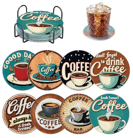 5D diamantmålningssats för glasunderlägg av kaffe, 8 stycken 10x10cm, diamantmålningsunderlägg med stativ, återanvändbara, runda, present för kaffeälskare och DIY-entusiaster