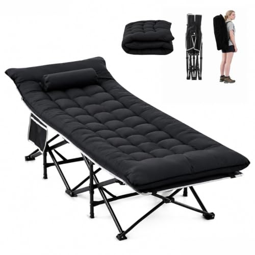 Folding Camping Beds for Adults Supports 550lbs Portable Travel Cot with Removable Thick Pad Pillow 800D Oxford Sleeping Bed Cots for Outdoor with Storage and Carry Bag Home Office Nap Beach (Black)