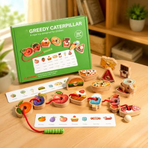 Viawispp Wooden Greedy Caterpillar Rope Toy,Educational String Beaded Toys | Fruit & Vegetable Caterpillar Lacing Bead String Game,Montessori Threading Stringing Toys for 3+ Year Old
