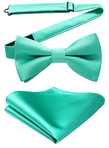 HISDERN Mens Bow Tie Wedding Pre-tied Bow Tie for Men and Pocket Square Solid Color Bowtie Aqua and Handkerchief Set for Tuxedo Formal