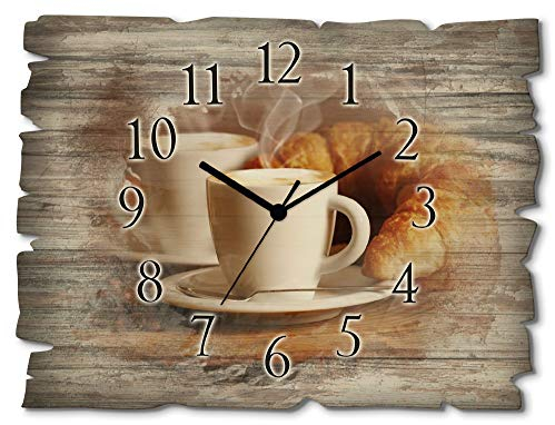 ARTLAND Wanddeko Wanduhr ohne Tickgeräusche aus Holz Quarzuhr 40x30 cm Rechteckig Lautlos Kaffee Cappuccino Croissant Coffee Cafe Originell T5XO