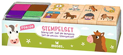 Moses Pferde Stempelset für Kinder | 8 verschiedene Stempel aus Holz | Set mit Kinderstempeln und vierfarbigem Stempelkissen | In praktischem Geschenkkarton mit Sichtfenster