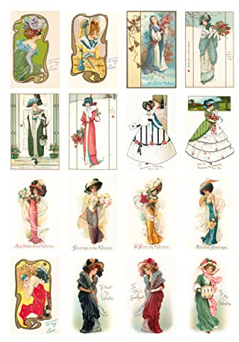 Decoupage Paper Pack (21 Sheets 6x8) Art Deco Nouveau Victorian Fashion Lady FLONZ Vintage Styled St Valentive Cards Pictures for Decoupage, Craft and Scrapbooking