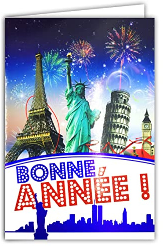 Carte Bonne Année Meilleurs Vœux Feu d'Artifice avec Paillettes et Enveloppe Blanche Voyages autour du Monde Monuments Villes Paris New-York Londres Pise Nouvel An Festif 1er janvier AFIE 61-4037-A BA