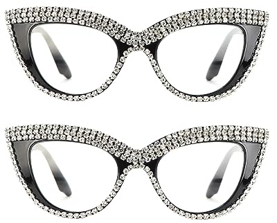 Dam Läsglasögon Cat Eye med Strassprydda, Förstorande Glas & Blåljusfilter