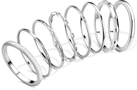 YADOCA 8Pcs 1MM 2MM Stainless Steel Rings for Women Men Minimalist Fashion Dainty Plain Thin Knuckle Stacking Midi Thumb Rings Stackable Statement Band Rings Set Silver Tone Size 7