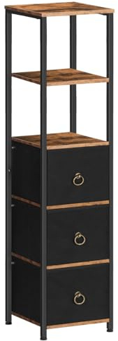 HOOBRO Tall Bathroom Cabinet, Narrow Corner Storage Cabinet, Slim Corner Shelf Unit with 3 Fabric Drawers and 2 Open Shelves, Narrow Storage Unit for Living Room, Rustic Brown and Black EBF140CW01