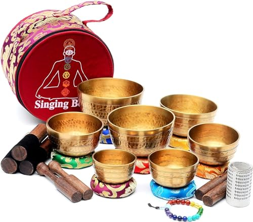 Handgeschlagene Klangschalen-Set- 7 Chakra-Heilklangschalen-Set- Klangschalen-Set 7 - tibetische Klangschalen-Singschalen-Set aus Nepal