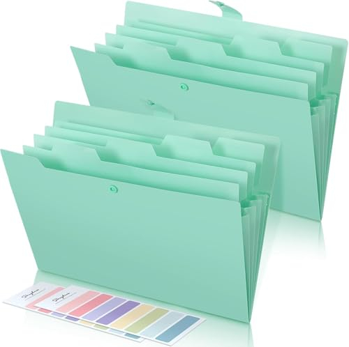 SKYDUE Expanding Folder, Document Bag A4 with Colourful Labels, Expandable Folder Folder System with Press Stud Button, Document Folder for Office, Home, School Everyday (Pastel Green, 5 Pockets)