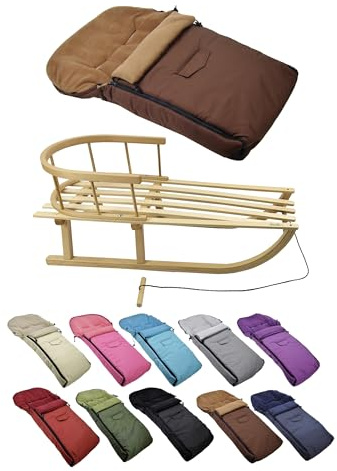 Kombi-erbjudande [träsläde universell vinteråkpåse 90 cm] kälke med ryggstöd och dragrep, fotsäck, lämplig för babystol, barnvagn, buggy med termofleece (brun)