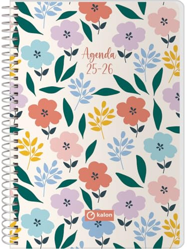 Q Kalon - Skolkalender 2025 2026 - Dag per sida, Storlek A5 (15x21 cm), Spanska och Engelska, September till Juni, Spiralbindning, Mjukt omslag med plastskydd - Garden