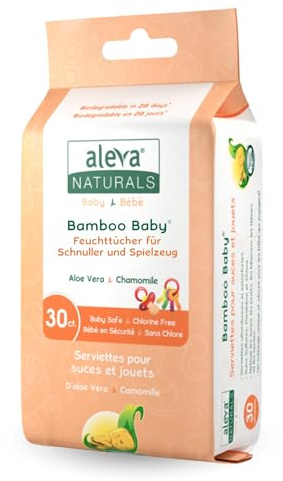 Aleva Naturals Bamboo Baby® Feuchttücher für Schnuller & Spielzeug – 100% natürliche Inhaltsstoffe mit Aloe Vera & Kamillenöl – Weich, strapazierfähig & biologisch abbaubar – Perfekt für unterwegs