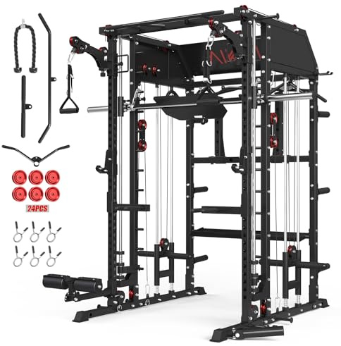 Mikolo Smith Machine, Multi-Function Power Cage with Dual Pulley System, Vertical Leg Press Attachment, Squat Rack Power Rack with More Training Attachment for Home Gym (M10 with Pivot Arm)