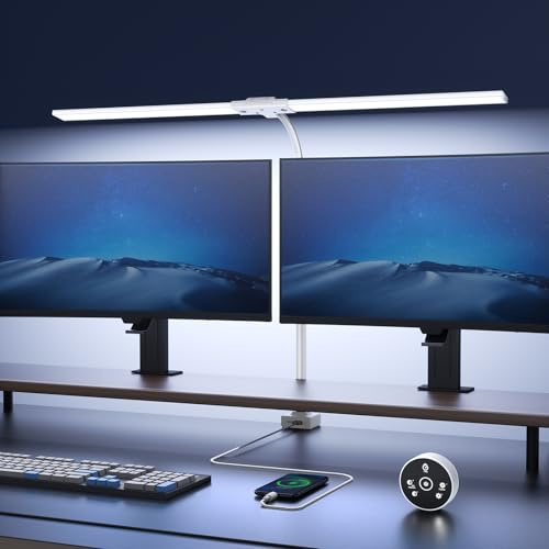 Lampada da Scrivania a LED 24W con Telecomando - 1500LM 80CM Luce Scrivania Filo con Morsetto Lampada da Lettura Collo D'oca Regolabile, Porta di ricarica USB per Ufficio Studiare, Bianco