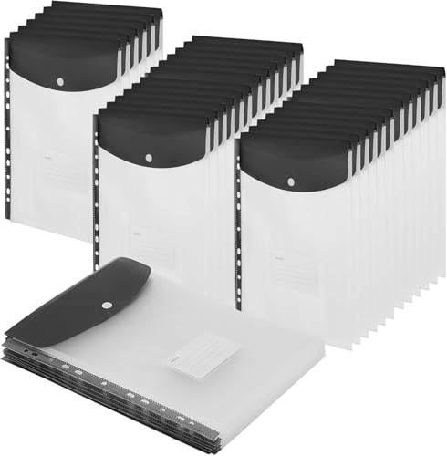 24 pochettes en plastique transparentes A4 avec pochettes perforées, 11 trous, dossiers extensibles pour classeurs à 2/3/4 anneaux pour dossiers documentaires avec bouton à pression et étiquette à