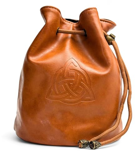 Luck Lab Dice Bag for DnD – Large Velvet-Lined PU Leather Dice Pouch w/ 4 Pockets, Embossed Design & Antique Gold Accents – Durable Dice Organizer for Tabletop RPGs & Game Accessories (Brown)