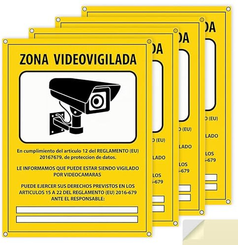 Carteles Cámara de Vigilancia PACK 4 - Zona Videovigilada Homologados RGPD - PVC 20x15 cm - Placas Seguridad Interior Exterior Autoadhesivas