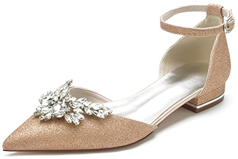 Gycdwjh Scarpe da Sposa con Tacco Basso da Donna Grinta Slip on Pointed Toe Flats Pompe da Sera Cinturino alla Caviglia Strass Sandali 2.5cm,Champagne,36 EU