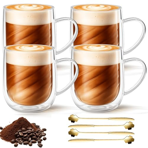 MeYuxg Latte macchiato-glas dubbelväggiga 350 ml, set om 4 kaffeglas med handtag och skedar, borosilikatglas termoglas för cappuccino te, espressomjölk