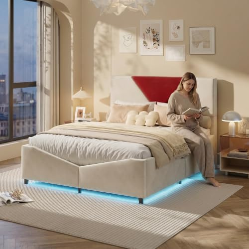 Polsterbädd med Förvaring, 140 x 190 cm, med Förvaring, stoppad, med LED, moderna dubbelsängar, mjukt sammetsväv, med hydraulisk Förvaring, utan madrass
