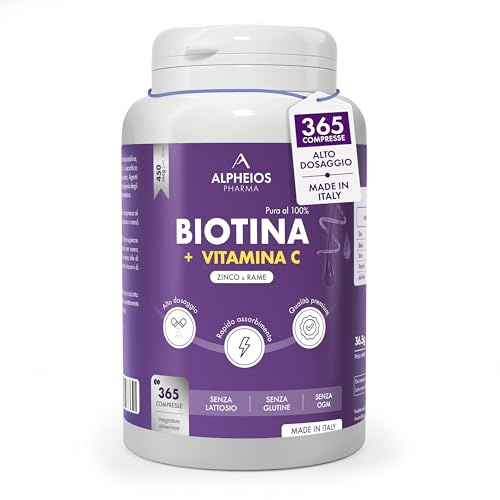 Biotina Capelli Unghie Pelle -365 Mini Compresse (12 Mesi) – Integratore con Biotina 450 mcg, Zinco e Vitamina C – Uso Quotidiano Donna Uomo Vegano
