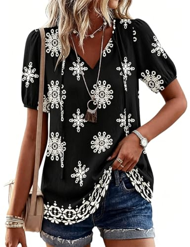 ABINGOO Camisa Verano Mujer Manga Corta Cuello en V Elegante Bohemia Blusa Holgada Casual Camiseta Playa