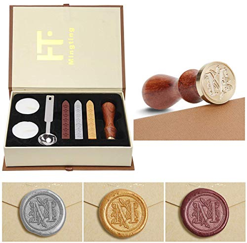 Wax Seal Stamp Kit, PUQU Classical Old-Fashioned Antique Wax Stamp Seal Kit Initial Letters Alphabet Set Gift Box with Vintage Wooden Handle and Brass Color Head (M)