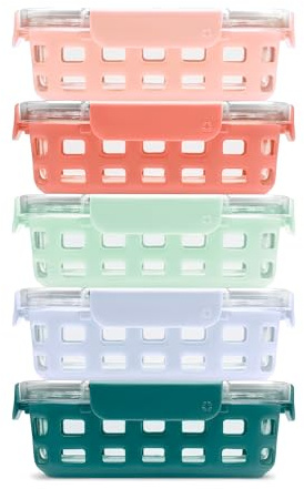 Ello Duraglass 3.4 Cup Meal Prep Sets 10Pc, 5 Pack Set- Glass Food Storage Container with Silicone Sleeve and Airtight BPA-Free Plastic Lids, Dishwasher, Microwave, and Freezer Safe, Melon
