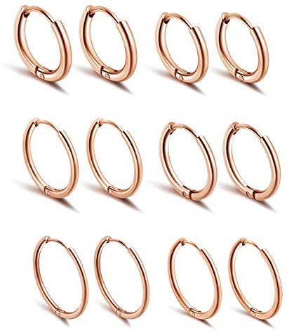 JSDDE 12 Stücke Chirurgenstahl Creolen Ohrringe Set Klappcreolen Fake Plugs Ohrpiercing Helix Knorpel Stab Hoop Ring Ohrstecker Huggie Kreolen Ohrringe 6-16mm (Rosegold)