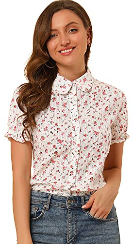 Allegra K Chemise en Coton à Volants pour Femmes avec col Rabattu et Fleurs Rose XS