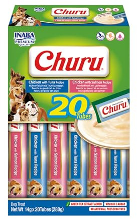 INABA Churu Snack para Perros Cremoso de Pollo y Pescado - Premios Saludables, Bajas Calorías, Suaves y Deliciosos - Snack Natural sin Conservantes ni Colorantes Artificiales - 280 g (20x14 g)