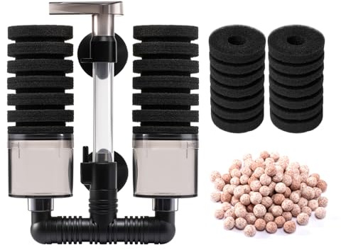 DaToo Aquarium Sponge Filter Fish Tank Foam Filter Quiet Submersible Bio Sponge Filter with 2 Spare Sponges and 1 Bag of Bio Ceramic Media Balls