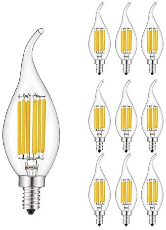 E12 Bombilla LED para candelabro 6 W regulable, equivalente a 60 W bombillas LED 2700 K blanco cálido 600 lúmenes punta de llama bombilla de araña de filamento LED base de candelabro E12 paquete de 10