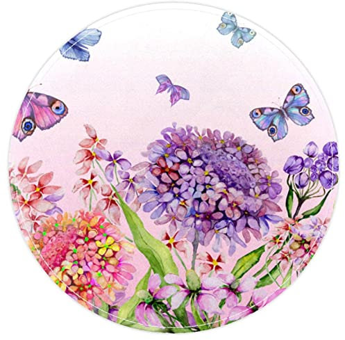 Runder Teppich für Teenagerzimmer, weicher Kreis, Kinderzimmerteppich für Schlafzimmer, Wohnzimmer, Heimdekoration,Lila Blumen Schmetterling mit Blumen