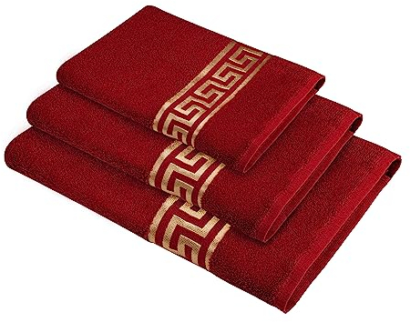 Belle Arti Premium Mäander Handtücher Duschtücher Gästetücher Flauschige Frottee Baumwolle (3er Set - 30x50 + 50x100 + 70x140 cm, rot)
