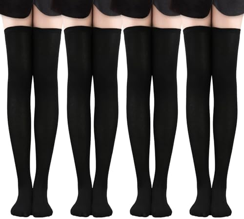 EUPSIIU 4 Pairs Women's Cotton Knee High Socks, Casual Thigh High Socks,Knee-High Socks stretchy striped Stocking Thigh High Socks,Extra Long Boot Stockings Over Knee Leg Warmers for Women (Black)