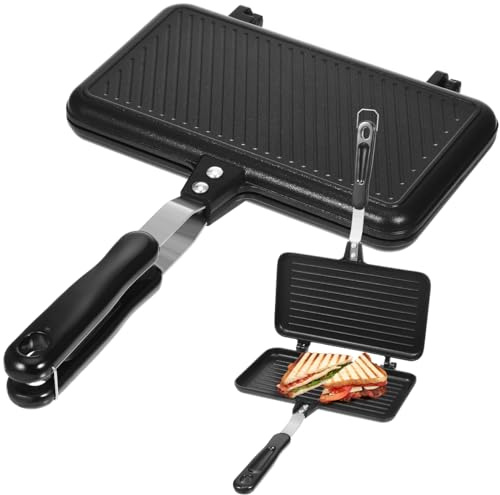 UPKOCH Doppelseitige Sandwich Maker Bratpfanne, Antihaft Toastpfanne für Gasherd & Camping, Waffeleisen Toaster Grill für Frühstück, Panini, Omelett, Wendepfanne Aluminium Schwarz (23x13cm)